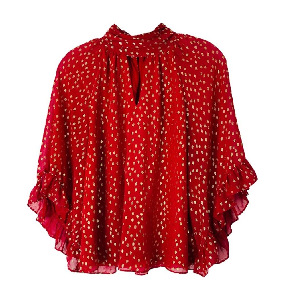 Vince Camuto red gold dot ruffle high neck holiday Christmas top small